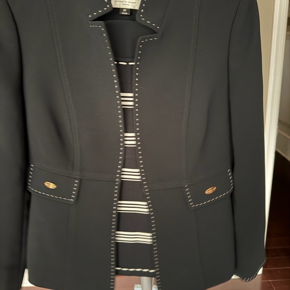 Tahari Dark Navy three piece suit with White Stitching and Gold Buttons